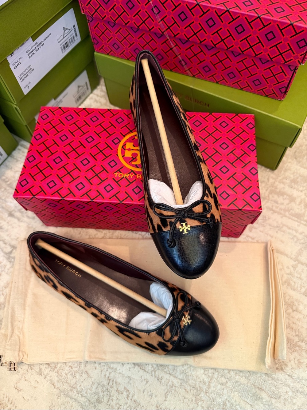 Tory Burch Cap-Toe Ballet Black and Brown Leopard Printed Hair Calf